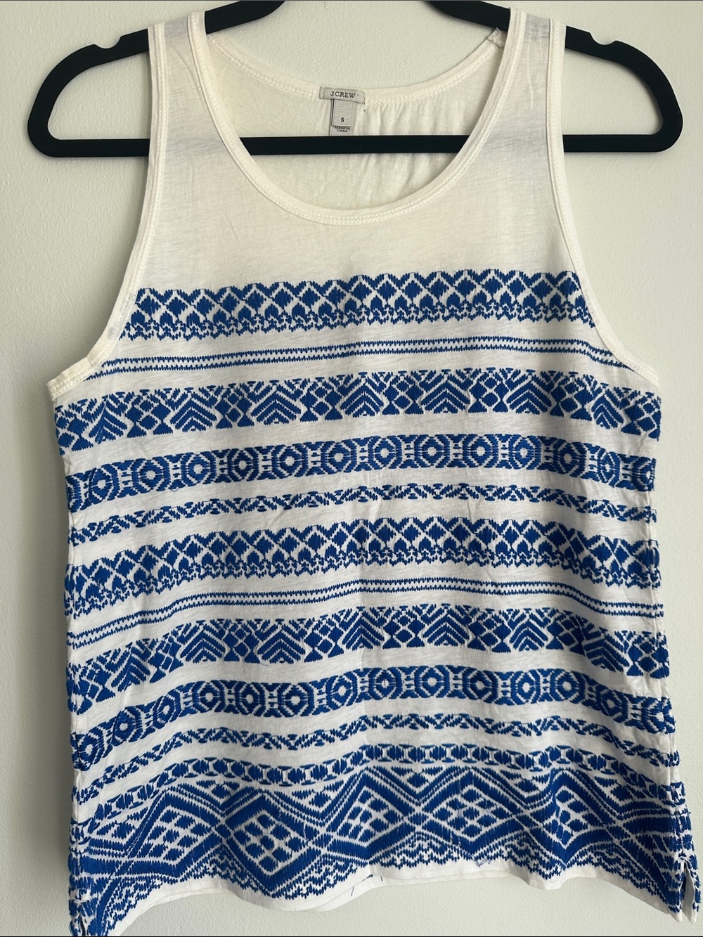 J. Crew White Tank Top with Blue Geometric Stripes